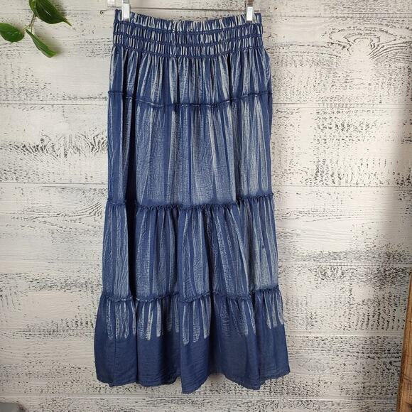 Indigo & Lace Chambray Blue Tiered Maxi Skirt Size S Cottagecore Coastal Grandma - Picture 3 of 8